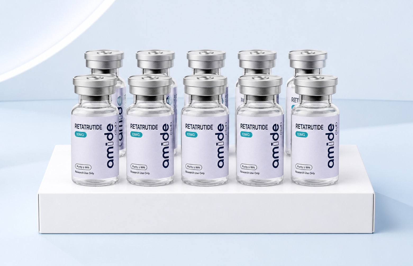 Ten Retatrutide research vials arranged as a bulk order